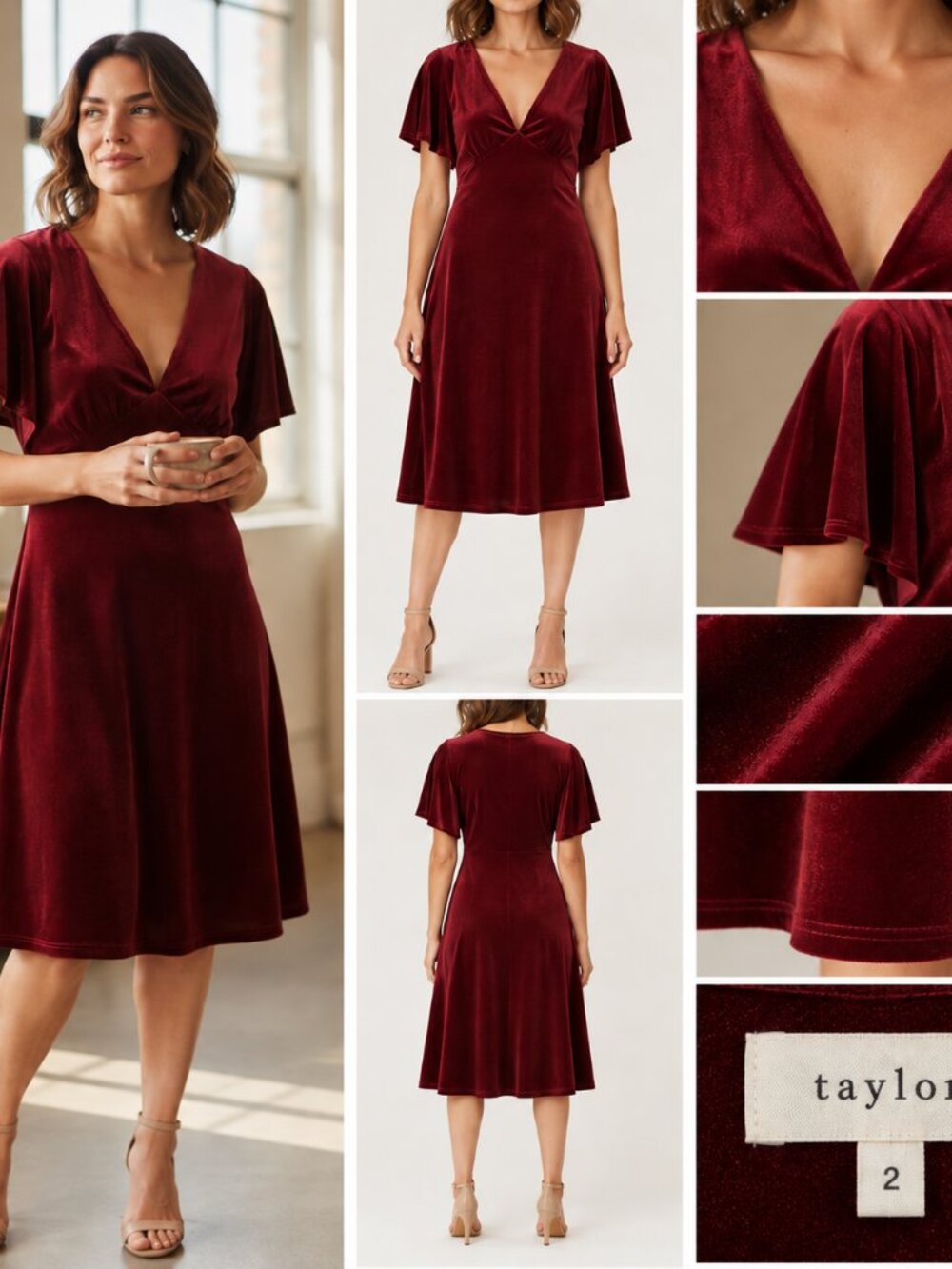 Taylor Burgundy Velour Midi Dress Size 2 Flutter Sleeve Romantic Holiday Glam